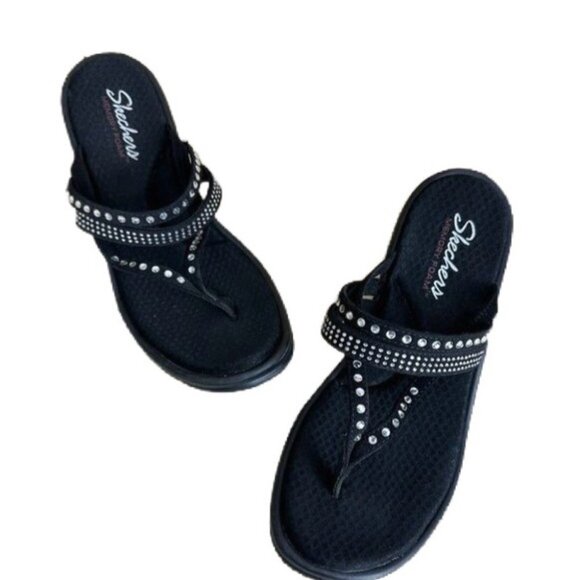 Skechers Women's Black Rhinestone Wedge Flip Flop Sandals Memory Foam Size 9 - Picture 3 of 6